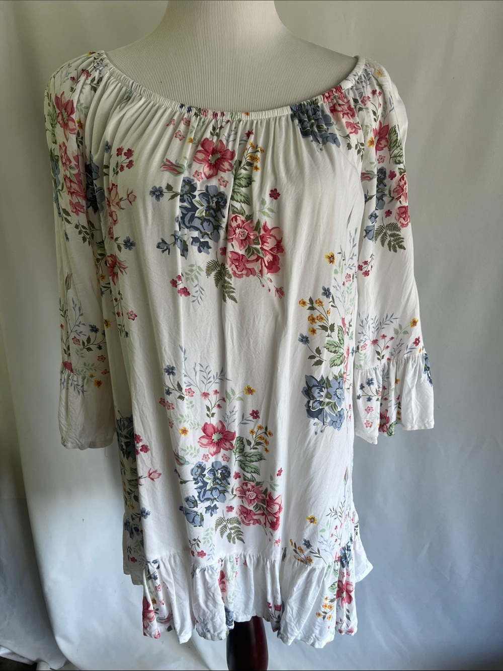 Terra & Sky White Floral Off-Shoulder Tunic with Pink & Blue Blooms